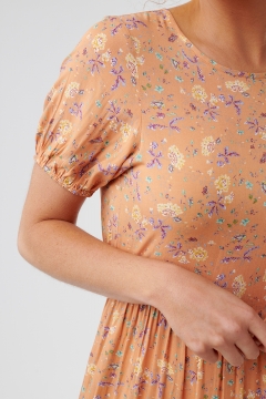 womens orange puff sleeve tie waist modest dress